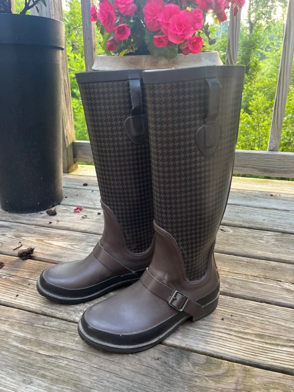 L.L.Bean Wellie Houndstooth Tall Rain Boots waterproof vulcanized rubber brown